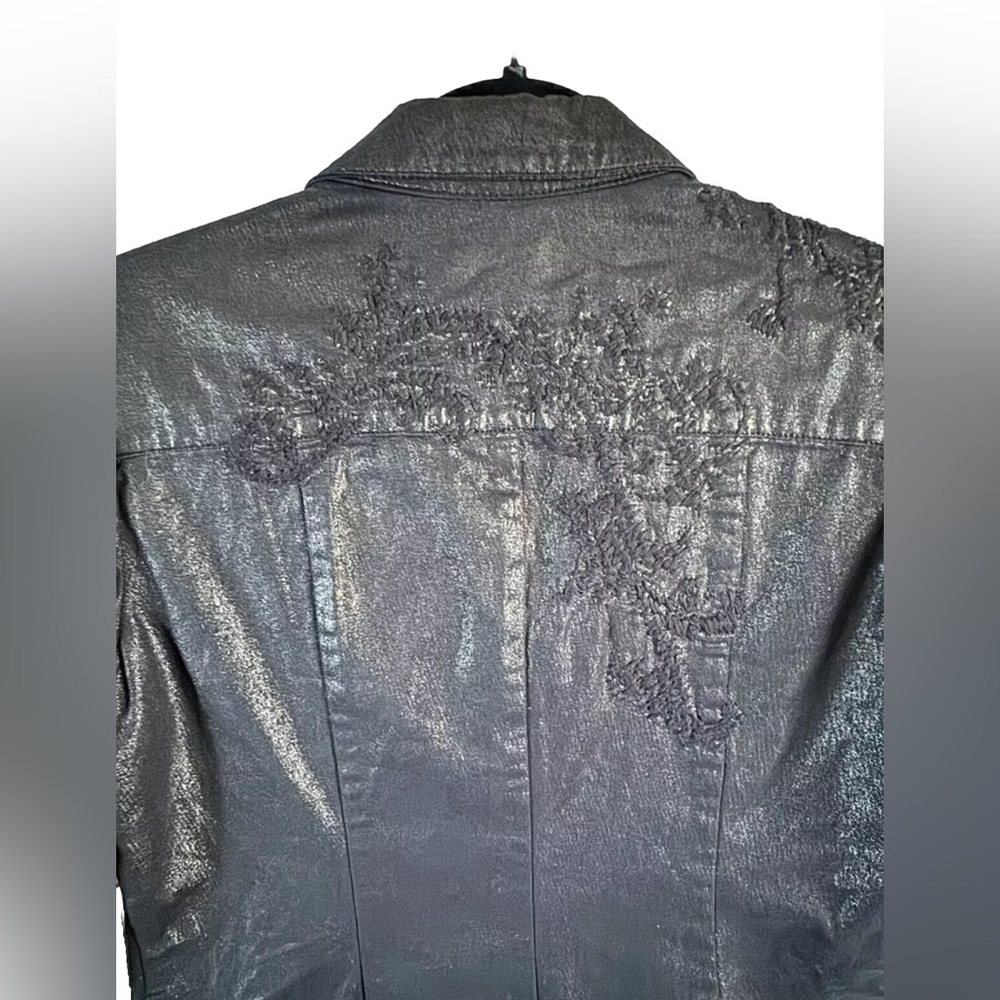 Coldwater Creek Black Shimmer Denim Fitted Blazer Size 8 Petite with Embroidery - Picture 8 of 11